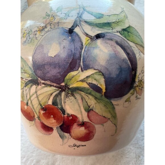 Vintage Casey Pottery Signed Vase Jar Fruit Plums and Cherries Handmade USA 6"x5 - Picture 6 of 11